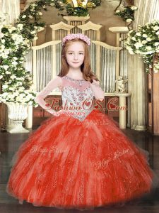 Red Ball Gowns Tulle Scoop Sleeveless Beading and Ruffles Floor Length Zipper Little Girls Pageant Dress