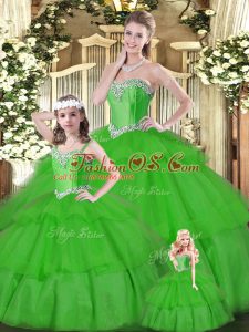 Dynamic Green Sweetheart Neckline Beading and Ruffled Layers Quince Ball Gowns Sleeveless Lace Up