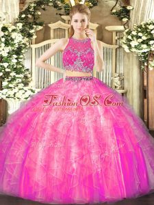 Fuchsia Two Pieces Beading and Ruffles Sweet 16 Dresses Zipper Tulle Sleeveless Floor Length