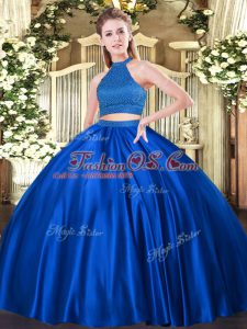 Royal Blue Tulle Backless Ball Gown Prom Dress Sleeveless Floor Length Beading