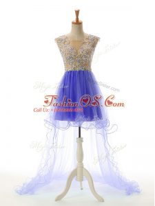 Unique Scoop Sleeveless Homecoming Dress High Low Appliques Blue Tulle