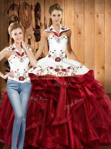 Wine Red Lace Up 15 Quinceanera Dress Embroidery and Ruffles Sleeveless Floor Length