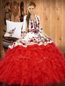 Best Selling Embroidery and Ruffles Sweet 16 Dresses Red Lace Up Sleeveless Floor Length