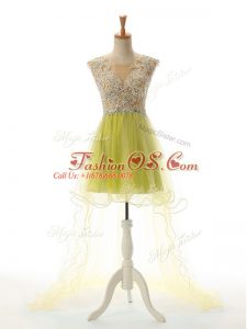 High End Sleeveless Backless High Low Appliques Prom Gown