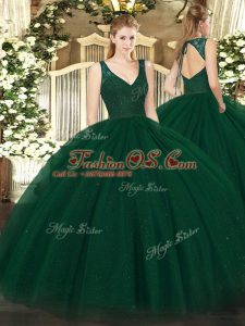 Glittering Dark Green Ball Gowns V-neck Sleeveless Tulle and Sequined Floor Length Zipper Beading 15 Quinceanera Dress