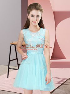 Aqua Blue Tulle Side Zipper Scoop Sleeveless Mini Length Bridesmaids Dress Lace