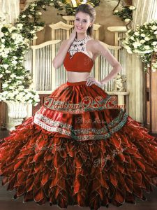 Rust Red Two Pieces Beading and Ruffles Quince Ball Gowns Backless Tulle Sleeveless Floor Length