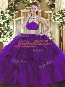 Discount Eggplant Purple Backless High-neck Beading and Ruffles Quinceanera Gown Tulle Sleeveless