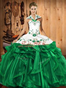 Green Ball Gowns Satin and Organza Halter Top Sleeveless Embroidery and Ruffles Floor Length Lace Up Quinceanera Gowns