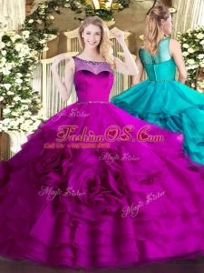 Nice Sleeveless Organza Floor Length Zipper Sweet 16 Quinceanera Dress in Fuchsia with Beading and Ruffled Layers