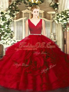Wine Red V-neck Zipper Beading Quince Ball Gowns Sleeveless