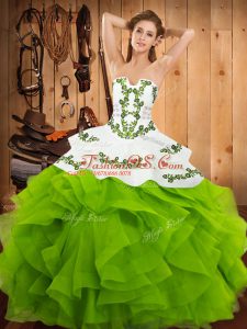 Adorable Lace Up Strapless Embroidery and Ruffles Quince Ball Gowns Satin and Organza Sleeveless