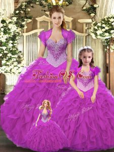 Fantastic Straps Sleeveless Lace Up Vestidos de Quinceanera Fuchsia Tulle