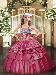 Best Hot Pink Ball Gowns Straps Sleeveless Organza Floor Length Lace Up Appliques and Ruffled Layers Pageant Dress