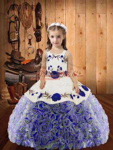 Amazing Straps Sleeveless Fabric With Rolling Flowers Little Girl Pageant Dress Embroidery and Ruffles Lace Up