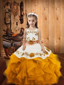 Sleeveless Floor Length Embroidery and Ruffles Lace Up Child Pageant Dress with Gold