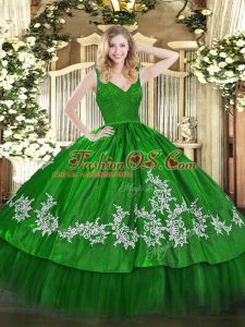 Elegant Green Quince Ball Gowns Sweet 16 and Quinceanera with Beading and Appliques V-neck Sleeveless Zipper