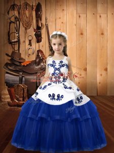 Straps Sleeveless Tulle Pageant Gowns For Girls Embroidery Lace Up