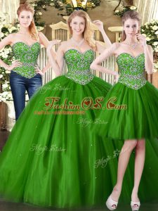 Chic Dark Green Ball Gowns Beading Quinceanera Gown Lace Up Tulle Sleeveless Floor Length