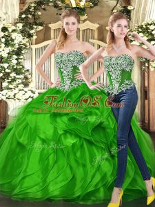 Classical Floor Length Lace Up Sweet 16 Dress Green for Military Ball and Sweet 16 and Quinceanera with Beading and Ruffles