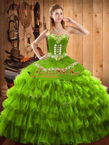 Satin and Organza Lace Up Quince Ball Gowns Sleeveless Floor Length Embroidery and Ruffled Layers