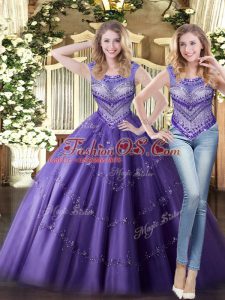 Scoop Sleeveless Ball Gown Prom Dress Floor Length Beading Purple Tulle