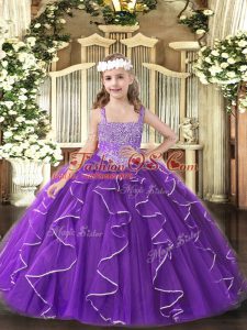 New Arrival Floor Length Purple Child Pageant Dress Straps Sleeveless Lace Up