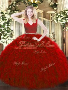 Custom Design Floor Length Red Quinceanera Gowns V-neck Sleeveless Zipper