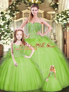 Cheap Apple Green Ball Gowns Beading and Embroidery Sweet 16 Quinceanera Dress Lace Up Tulle Sleeveless Floor Length