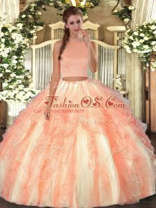Orange Red Quince Ball Gowns Military Ball and Sweet 16 and Quinceanera with Beading and Ruffles Halter Top Sleeveless Backless