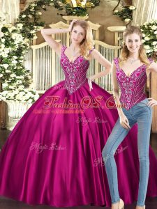 Fuchsia Lace Up Quince Ball Gowns Beading Sleeveless Floor Length