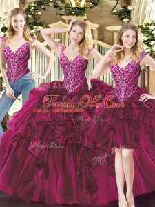 Inexpensive V-neck Sleeveless Lace Up Quinceanera Dresses Fuchsia Organza