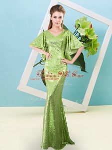 Stylish Yellow Green Sequined Zipper Dress for Prom Half Sleeves Floor Length Sequins