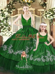 Exquisite Green Ball Gowns V-neck Sleeveless Organza Floor Length Zipper Beading and Appliques 15th Birthday Dress