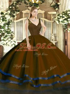 Beautiful V-neck Sleeveless Quinceanera Gowns Floor Length Beading and Ruffled Layers Brown Tulle
