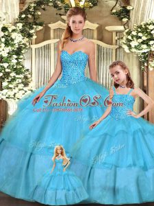 Deluxe Aqua Blue Ball Gowns Organza Sweetheart Sleeveless Beading and Ruffled Layers Floor Length Lace Up Vestidos de Quinceanera