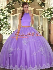Cute Lavender Two Pieces Beading and Appliques Quinceanera Gowns Backless Tulle Sleeveless Floor Length