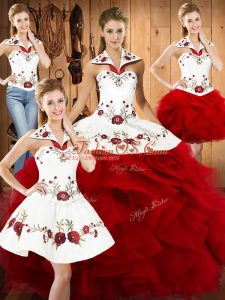 Pretty Floor Length Wine Red Sweet 16 Quinceanera Dress Satin and Organza Sleeveless Embroidery and Ruffles