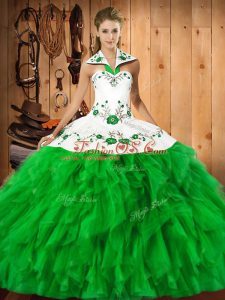 Green Satin and Organza Lace Up Sweet 16 Quinceanera Dress Sleeveless Floor Length Embroidery and Ruffles