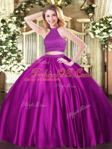 Spectacular Halter Top Sleeveless Sweet 16 Dresses Floor Length Beading Fuchsia Tulle