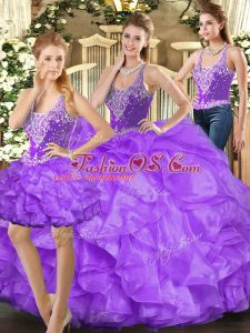 Glorious Eggplant Purple Lace Up Straps Beading and Ruffles Quinceanera Dresses Tulle Sleeveless