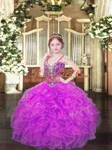 Lilac Sleeveless Organza Lace Up Little Girl Pageant Gowns for Party and Quinceanera and Wedding Party