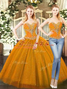 Fitting Sleeveless Tulle Floor Length Lace Up Vestidos de Quinceanera in Orange Red with Beading