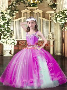 Straps Sleeveless Custom Made Pageant Dress Floor Length Beading Fuchsia Tulle