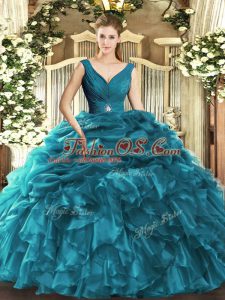 Fitting V-neck Sleeveless Organza 15 Quinceanera Dress Beading and Ruffles Backless