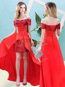 Charming Elastic Woven Satin and Sequined Off The Shoulder Short Sleeves Lace Up Beading Dress for Prom in Red