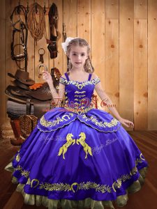 Floor Length Lace Up Little Girls Pageant Dress Purple for Sweet 16 and Quinceanera with Beading and Embroidery