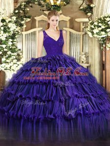Colorful Ball Gowns Quinceanera Gowns Purple V-neck Organza Sleeveless Floor Length Backless