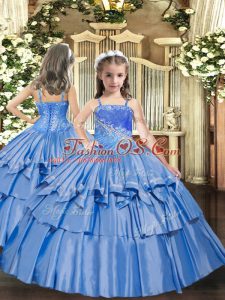 Admirable Sleeveless Organza Floor Length Lace Up Glitz Pageant Dress in Baby Blue with Beading and Ruffled Layers