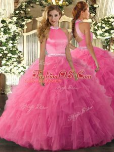 Cute Hot Pink Ball Gowns Halter Top Sleeveless Organza Floor Length Backless Beading and Ruffles Vestidos de Quinceanera